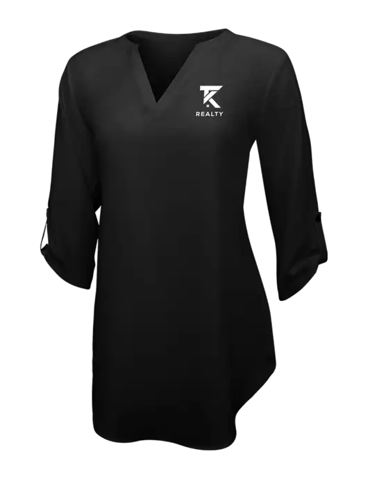 Womens Black 3/4 Sleeve Tunic Blouse w/TK Realty Logo