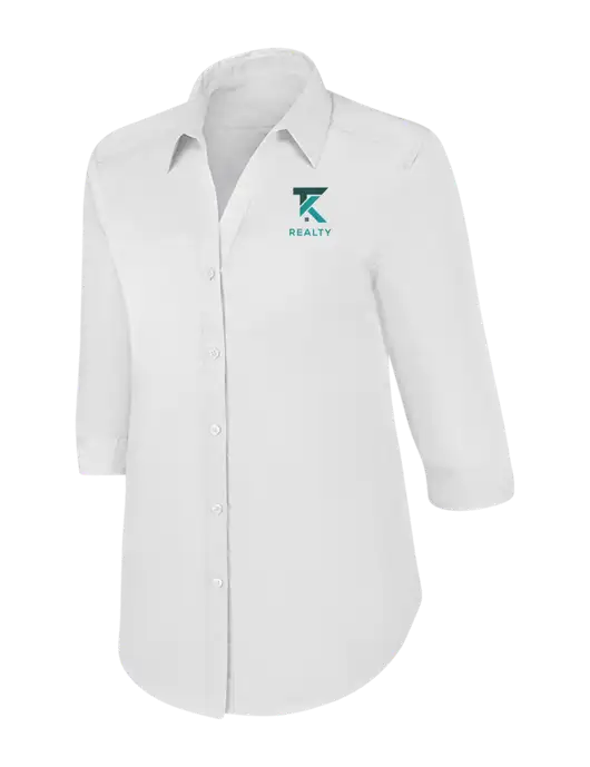 Womens White 3/4 Sleeve Carefree Poplin Shirt w/TK Realty Logo