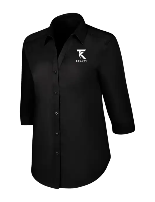 Womens Black 3/4 Sleeve Carefree Poplin Shirt w/TK Realty Logo
