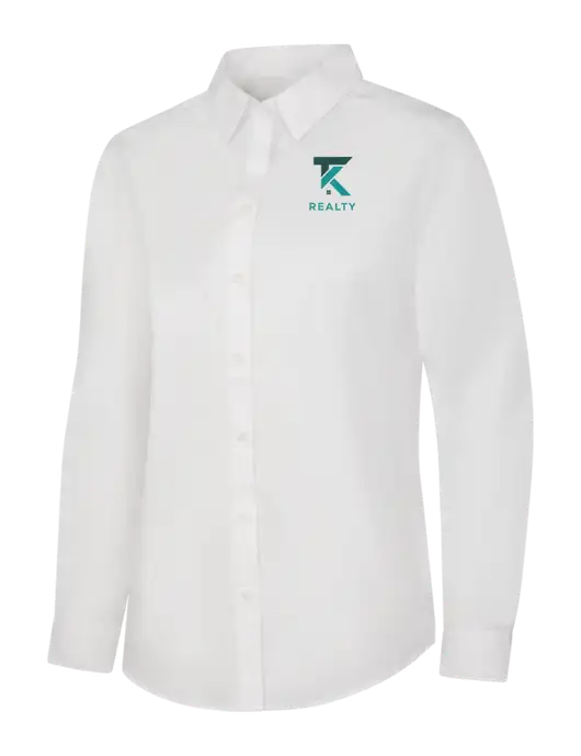 Womens White Long Sleeve Carefree Poplin Shirt w/TK Realty Logo