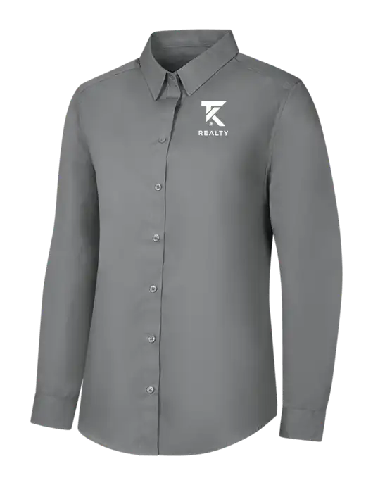 Womens Medium Grey Long Sleeve Carefree Poplin Shirt w/TK Realty Logo