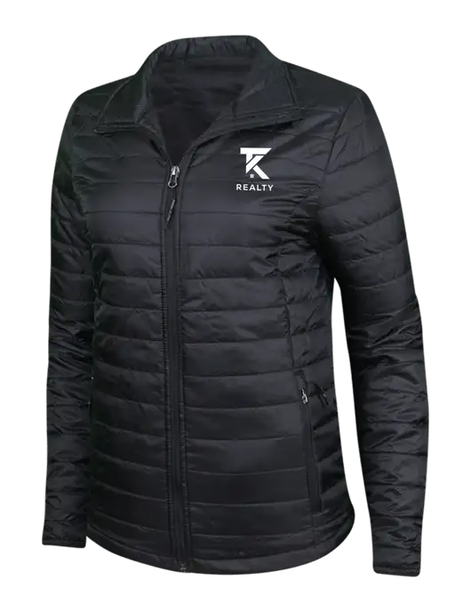 Womens Black Puffy Packable Jacket w/TK Realty Logo