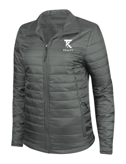 Dark Grey Womens Puffy Packable Jacket w/TK Realty Logo