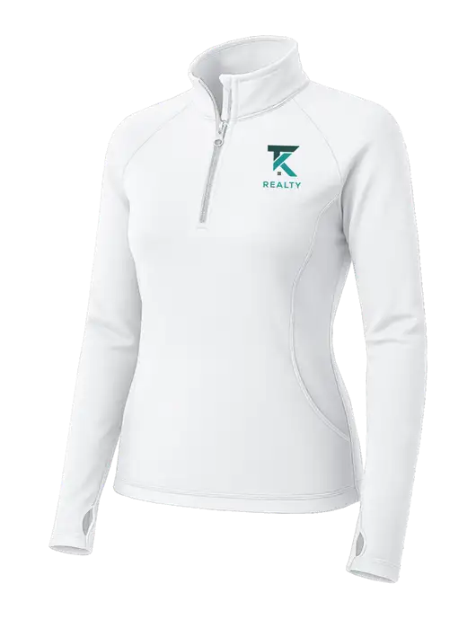 White Womens Sport Wick Stretch 1/4 Zip Pullover w/TK Realty Logo