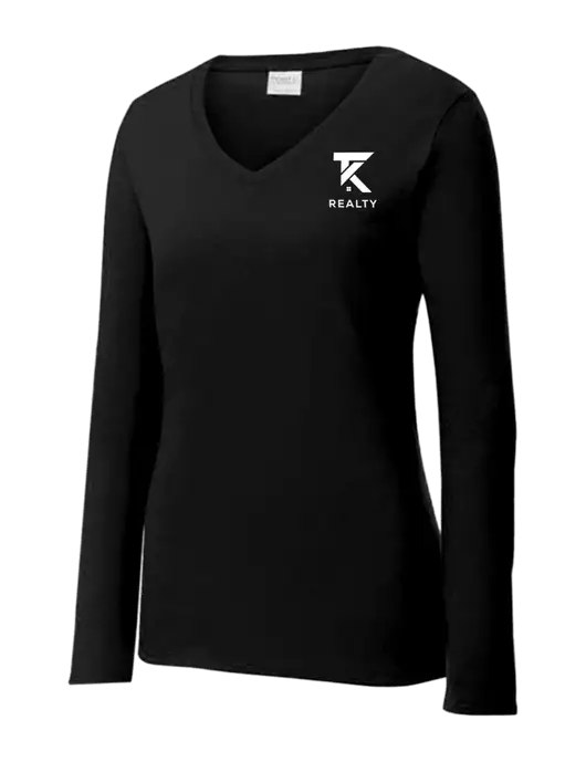 Womens V-Neck Ring Spun Jet Black 4.5 oz Long Sleeve T-Shirt w/TK Realty Logo