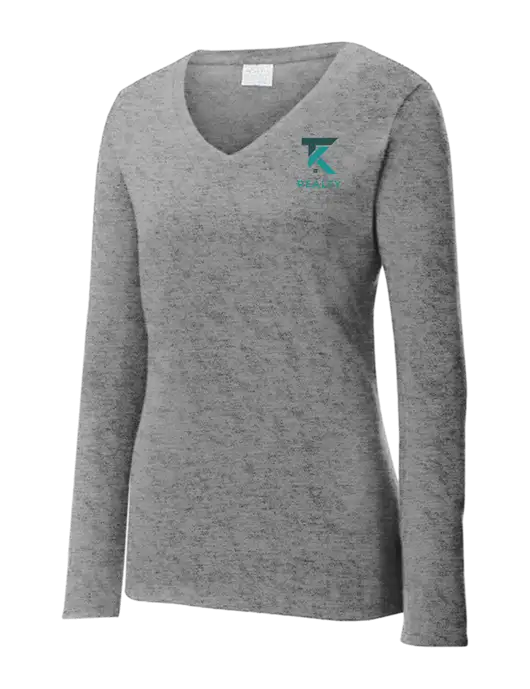 Womens  V-Neck Ring Spun Grey Heather 4.5 oz Long Sleeve T-Shirt w/TK Realty Logo