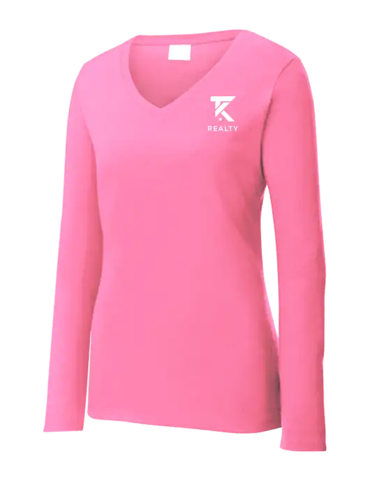 Womens  V-Neck Ring Spun Pink 4.5 oz Long Sleeve T-Shirt w/TK Realty Logo