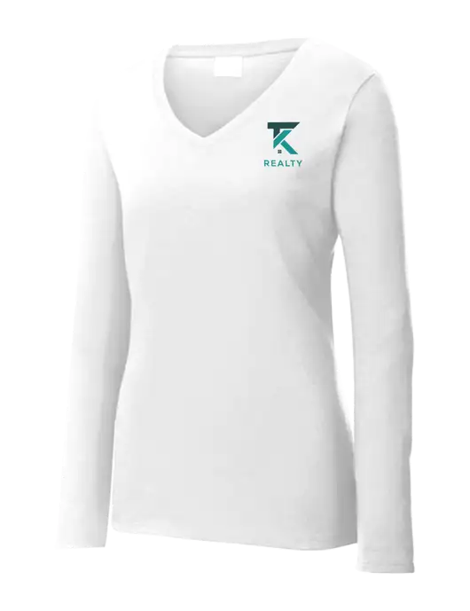 Womens  V-Neck Ring Spun White 4.5 oz Long Sleeve T-Shirt w/TK Realty Logo