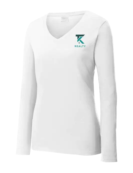 Womens  V-Neck Ring Spun White 4.5 oz Long Sleeve T-Shirt w/TK Realty Logo
