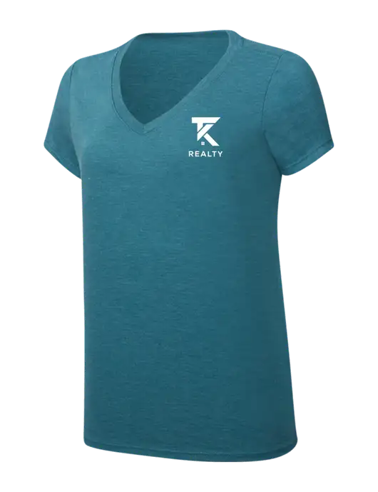 Womens Simply Soft V-Neck Heather Teal 4.5oz  Poly/Combed Ring Spun Cotton T-Shirt w/TK Realty Logo