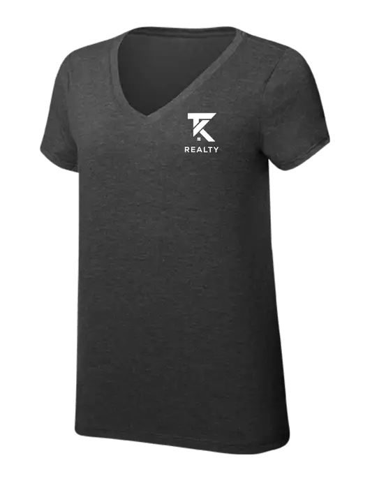 Womens Simply Soft V-Neck Black Frost 4.5oz  Poly/Combed Ring Spun Cotton T-Shirt w/TK Realty Logo