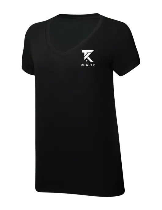 Womens Simply Soft V-Neck Black 4.5oz  Poly/Combed Ring Spun Cotton T-Shirt w/TK Realty Logo