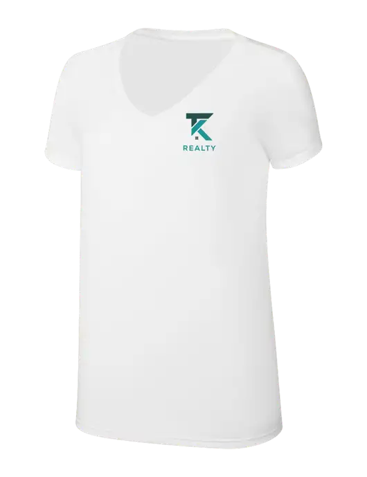 Womens Simply Soft V-Neck White 4.5oz  Poly/Combed Ring Spun Cotton T-Shirt w/TK Realty Logo