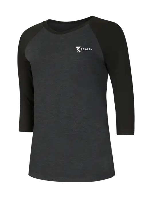 Womens Simply Soft 3/4 Sleeve Black/Black Frost Ring Spun Cotton T-Shirt w/TK Realty Logo