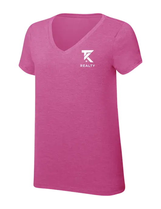 Womens Simply Soft V-Neck Fuschia Frost 4.5oz  Poly/Combed Ring Spun Cotton T-Shirt w/TK Realty Logo