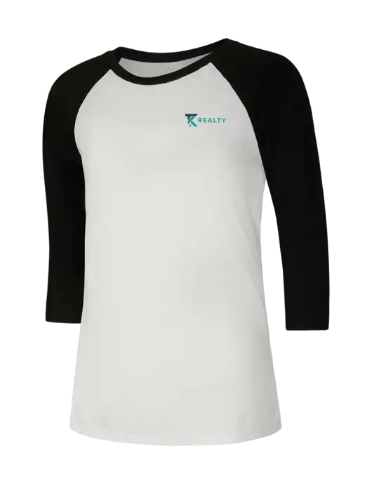 Womens Simply Soft 3/4 Sleeve Black/White Ring Spun Cotton T-Shirt w/TK Realty Logo