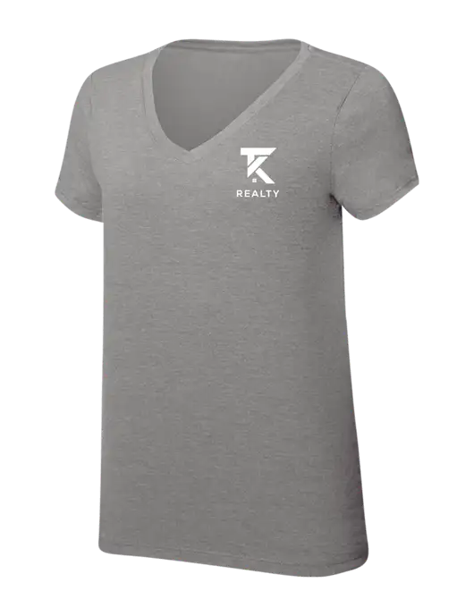Womens Simply Soft V-Neck Grey Frost 4.5oz  Poly/Combed Ring Spun Cotton T-Shirt w/TK Realty Logo
