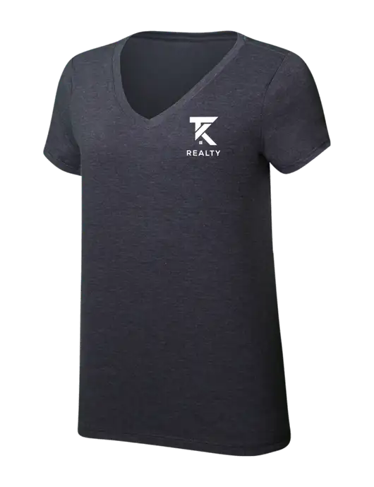 Womens Simply Soft V-Neck Heather Charcoal 4.5oz  Poly/Combed Ring Spun Cotton T-Shirt w/TK Realty Logo