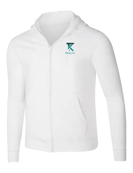 White 8.5 oz Ring Spun Zip Hooded Sweatshirt w/TK Realty Logo