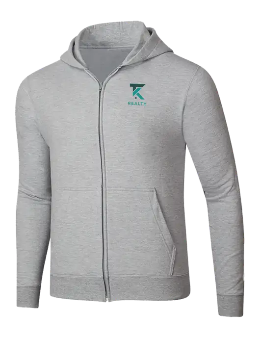 Light Grey Heather 8.5 oz Ring Spun Zip Hooded Sweatshirt w/TK Realty Logo