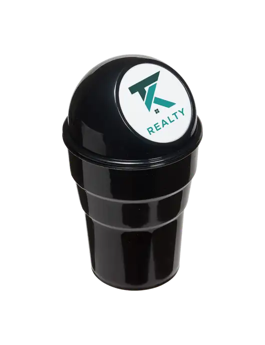Black Car Cup Holder Trash Can w/TK Realty Logo