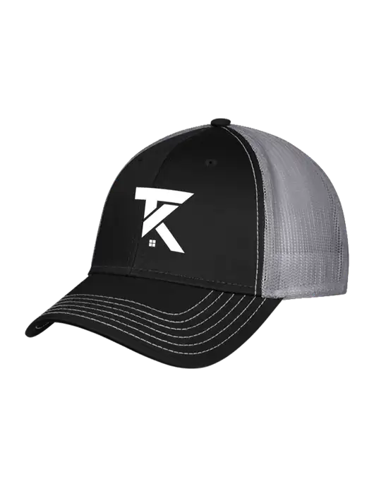 Black/Medium Dark Grey Mesh Trucker Cap Snap Back w/TK Realty Logo