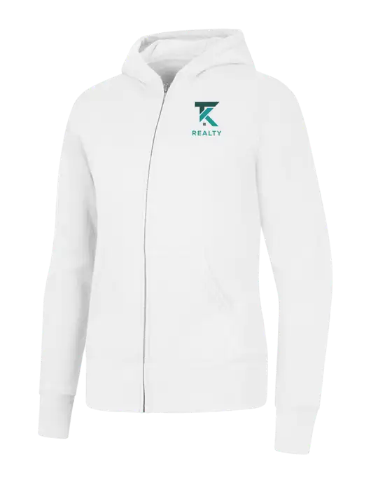 White Womens Core Fleece Full-Zip Hooded Sweatshirt w/TK Realty Logo