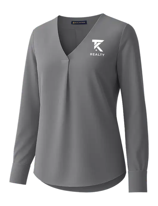 Brooks Brothers Womens Medium Grey Open-Neck Satin Blouse  w/TK Realty Logo