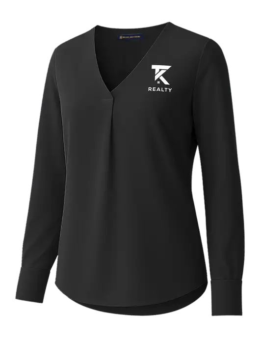 Brooks Brothers Womens Black Open-Neck Satin Blouse  w/TK Realty Logo