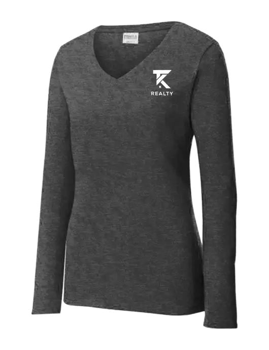 Womens  V-Neck Ring Spun Dark Heather Grey 4.5 oz Long Sleeve T-Shirt w/TK Realty Logo