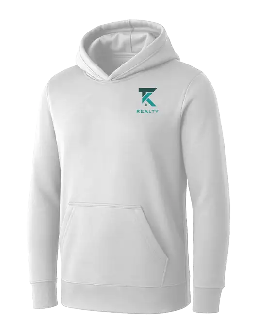 Womens White Core Fleece Pullover Hooded Sweatshirt w/TK Realty Logo
