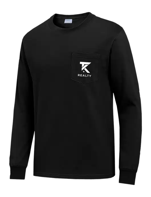 Black Long Sleeve Heavyweight 6.1 oz Pocket T-Shirt w/TK Realty Logo