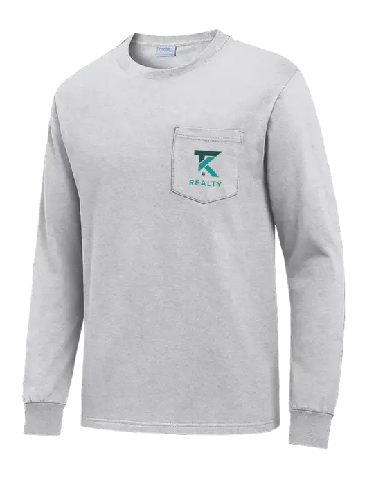 Light Grey Heather Long Sleeve Heavyweight 6.1 oz Pocket T-Shirt w/TK Realty Logo