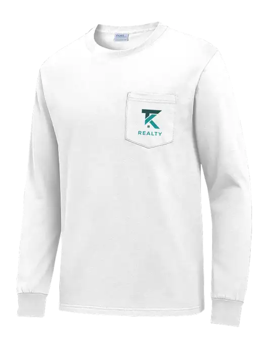 White Long Sleeve Heavyweight 6.1 oz Pocket T-Shirt w/TK Realty Logo