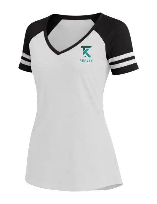 Womens White/Black V-Neck Game Tee w/TK Realty Logo