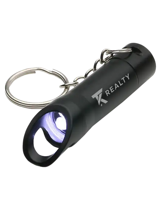Black Pocket LED Flashlight with Bottle Opener & Keychain w/TK Realty Logo