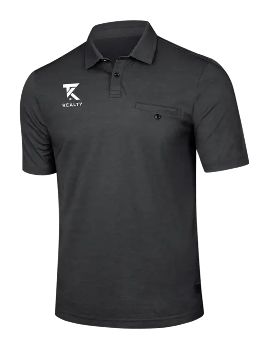 TravisMathew Black Heather Sunsetters Pocket Polo w/TK Realty Logo