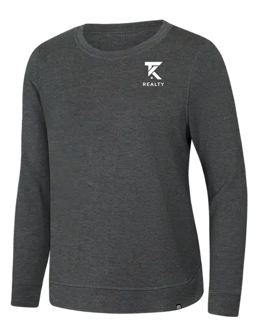 TravisMathew Womens Dark Grey Heather Lightweight Long Weekend Crew w/TK Realty Logo