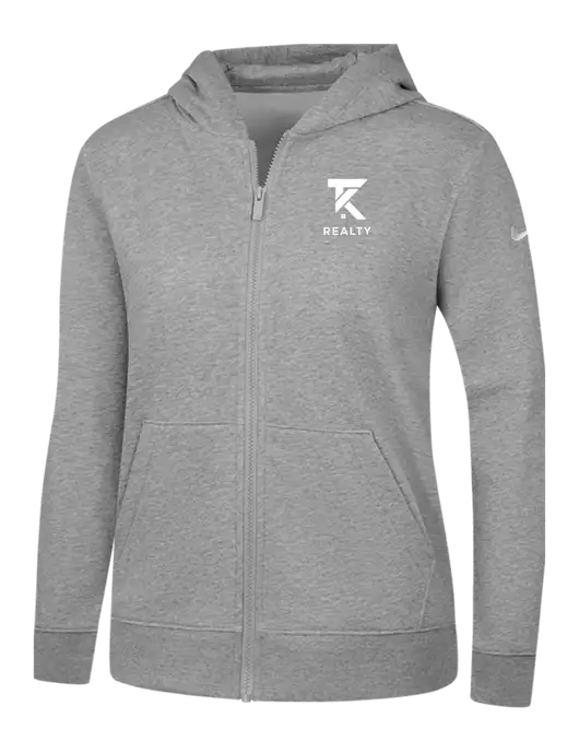 Nike Womens Club Fleece Sleeve Swoosh Full-Zip Dark Grey Heather Hoodie w/TK Realty Logo