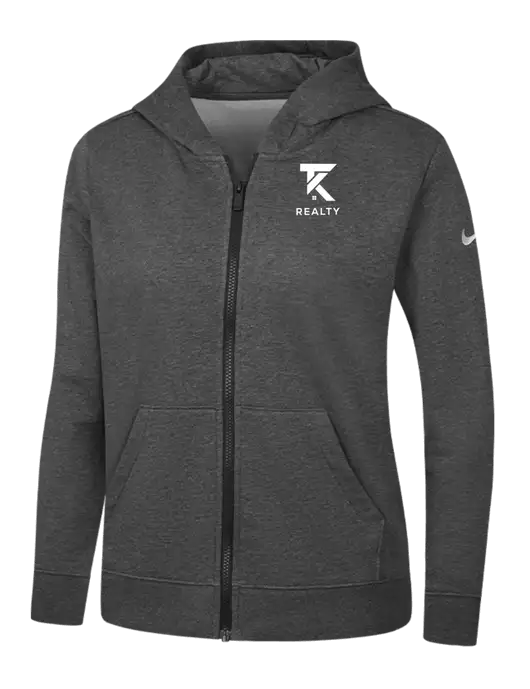 Nike Womens Club Fleece Sleeve Swoosh Full-Zip Charcoal Heather Hoodie w/TK Realty Logo