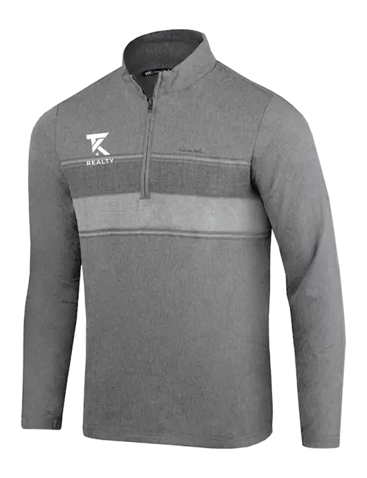 TravisMathew Balboa Chest Stripe Dark Grey Heather Quarter Zip w/TK Realty Logo