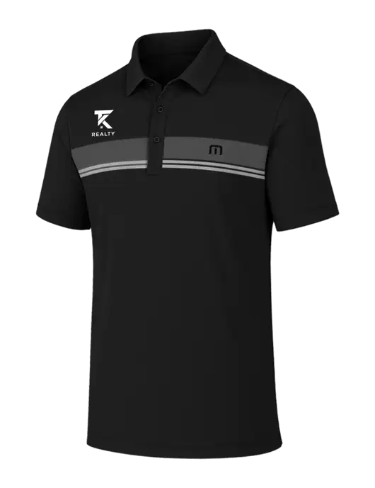 TravisMathew Black Glenview Stripe Polo w/TK Realty Logo