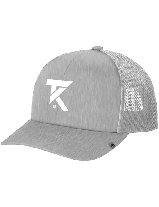 TravisMathew Light Medium Grey Heather Cruz Trucker Cap w/TK Realty Logo