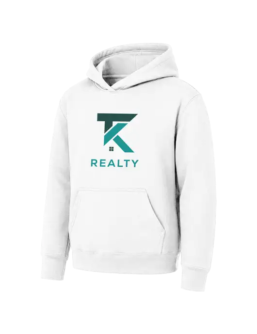 Youth White 7.8 oz Pullover Hooded Sweatshirt w/TK Realty Logo