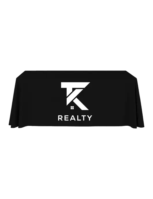6' Stain-Resistant 4-Sided Black Table Cover w/TK Realty Logo