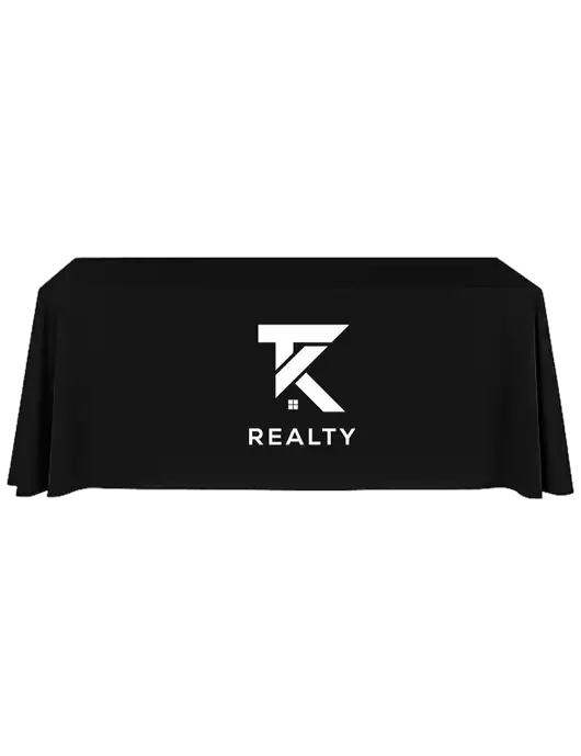 8' Stain-Resistant 4-Sided Black Table Cover w/TK Realty Logo