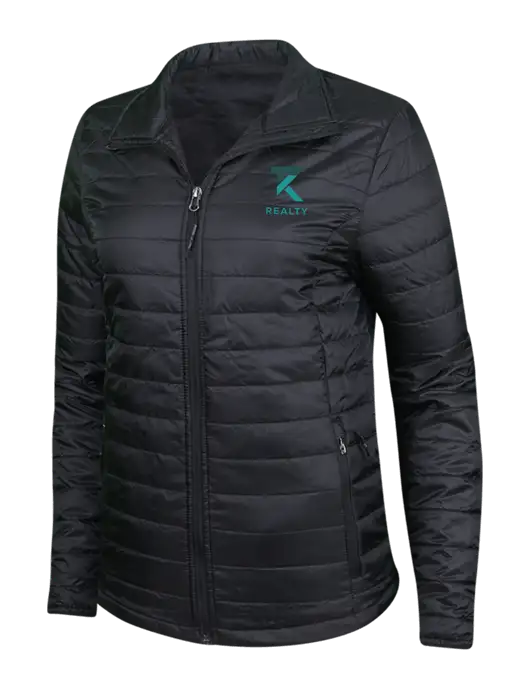 Womens Black Puffy Packable Jacket w/TK Realty Logo