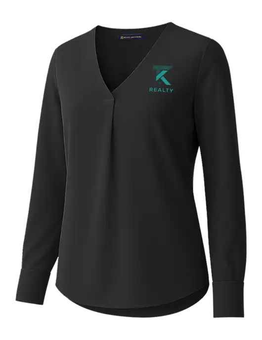 Brooks Brothers Womens Black Open-Neck Satin Blouse  w/TK Realty Logo