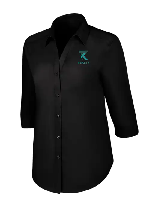 Womens Black 3/4 Sleeve Carefree Poplin Shirt w/TK Realty Logo