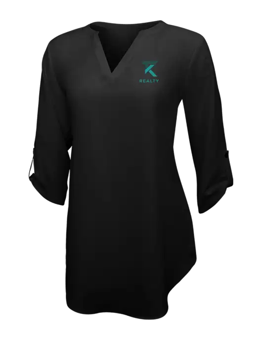 Womens Black 3/4 Sleeve Tunic Blouse w/TK Realty Logo